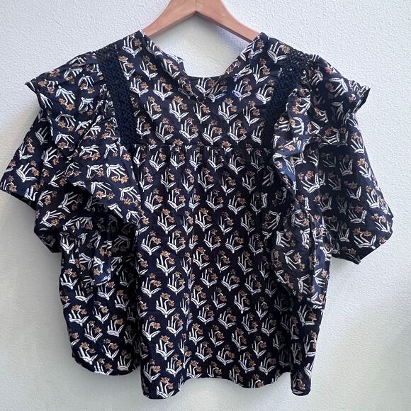 dRA Los Angeles Anthropologie Floral Black Gold layered Puff Sleeve Tops M Boho - Picture 2 of 7